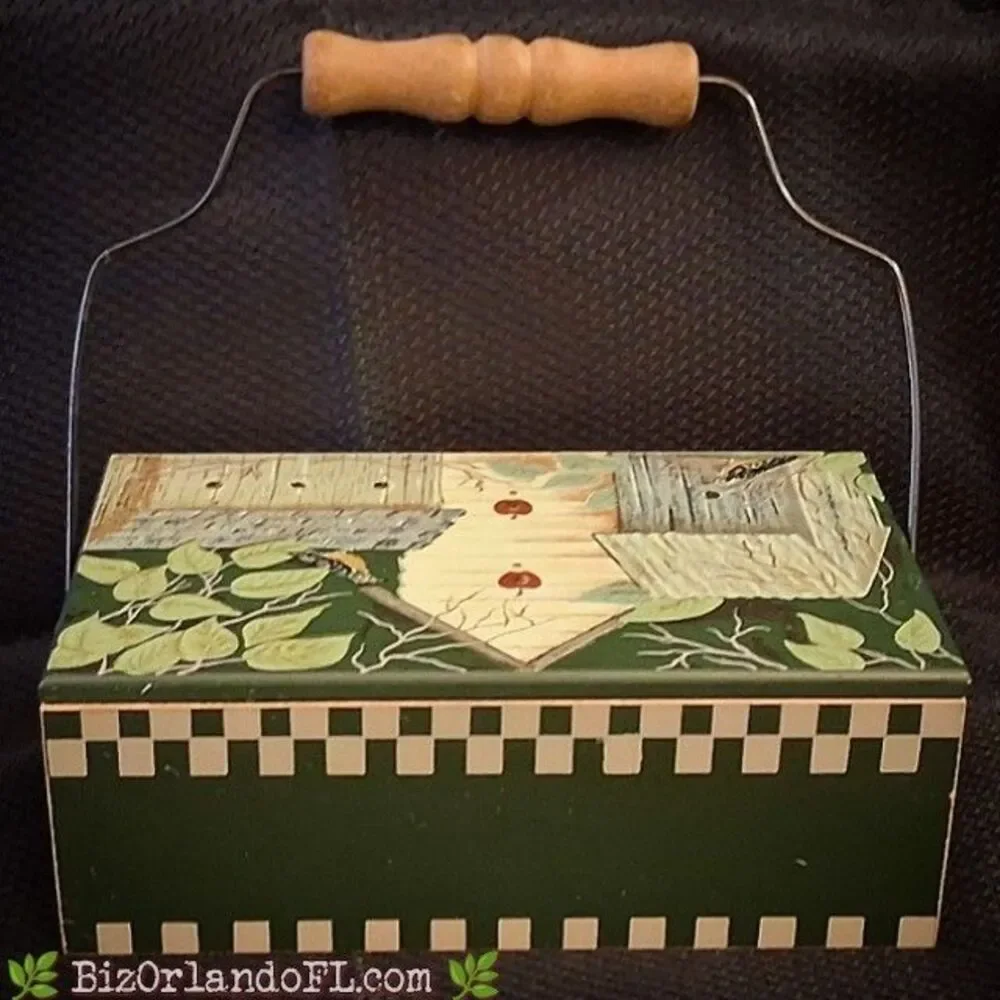 VINTAGE: Handpainted Wooden Folk Art Box Birdhouse Scene Wire Handle Wooden Grip